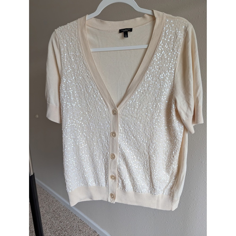Talbots Womens Cream Sequin Front Short Sleeve V-Neck Cardigan Sweater Large